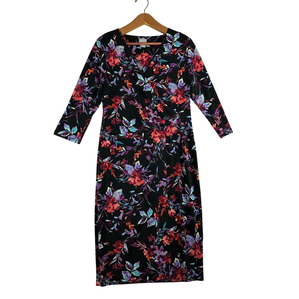 Chicos Dark Floral Wrap Dress Women’s 0/Small 3/4 Sleeve Career V Neck Office
